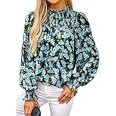 MASCOMODA Womens Blouses 2025 Spring Boho Floral Ruffle High Neck Long Sleeve Tops Dressy Casual Smocked Chiffon Work Shirts