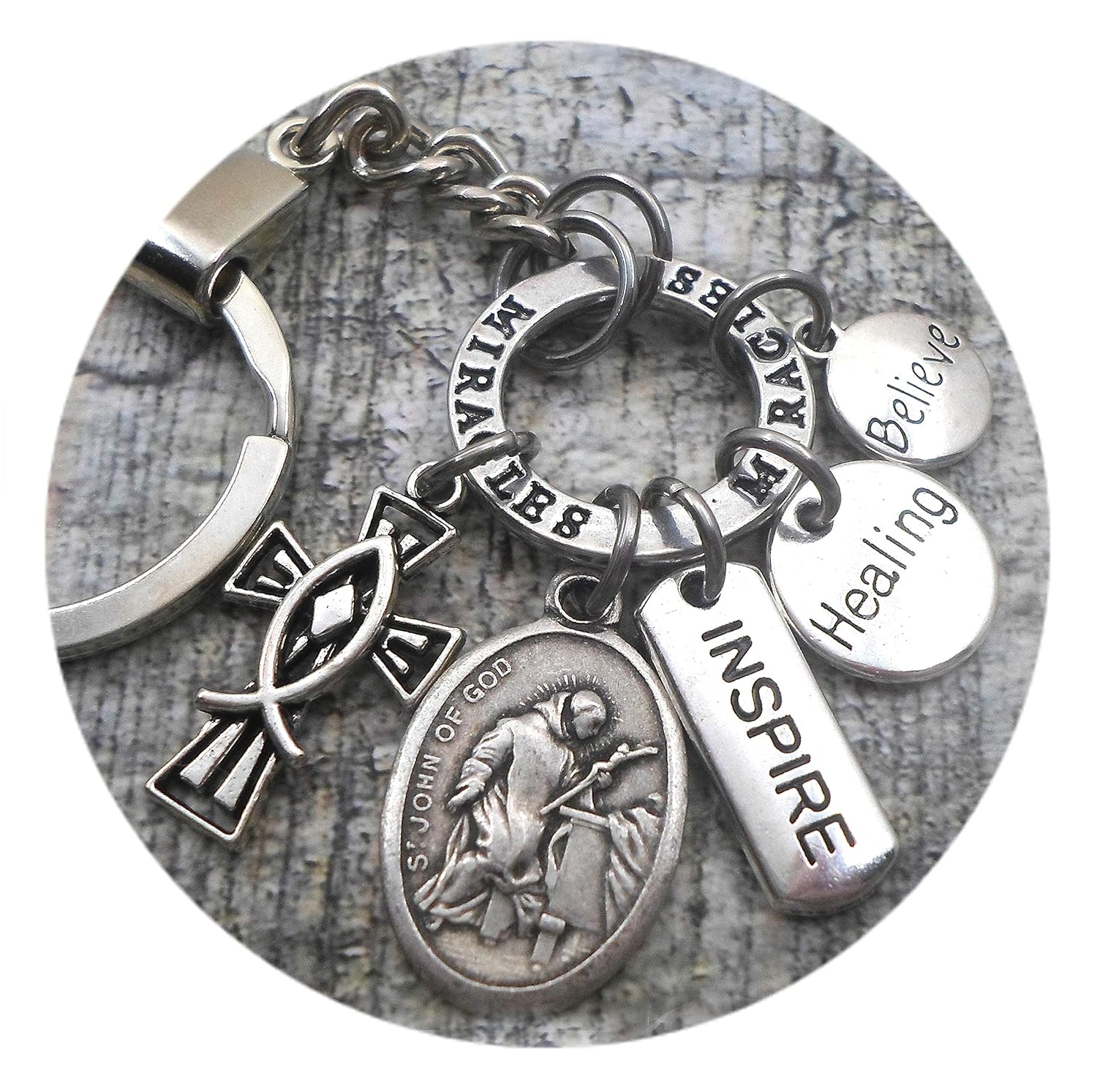 Saint John Of God, Patron St. of Heart Disease Keychain, Clip or Necklace, Divine Messenger Help, Believe in Miracles and Healing. Customize with Initial and or Birthstone Crystal, Lovely Unisex Gift