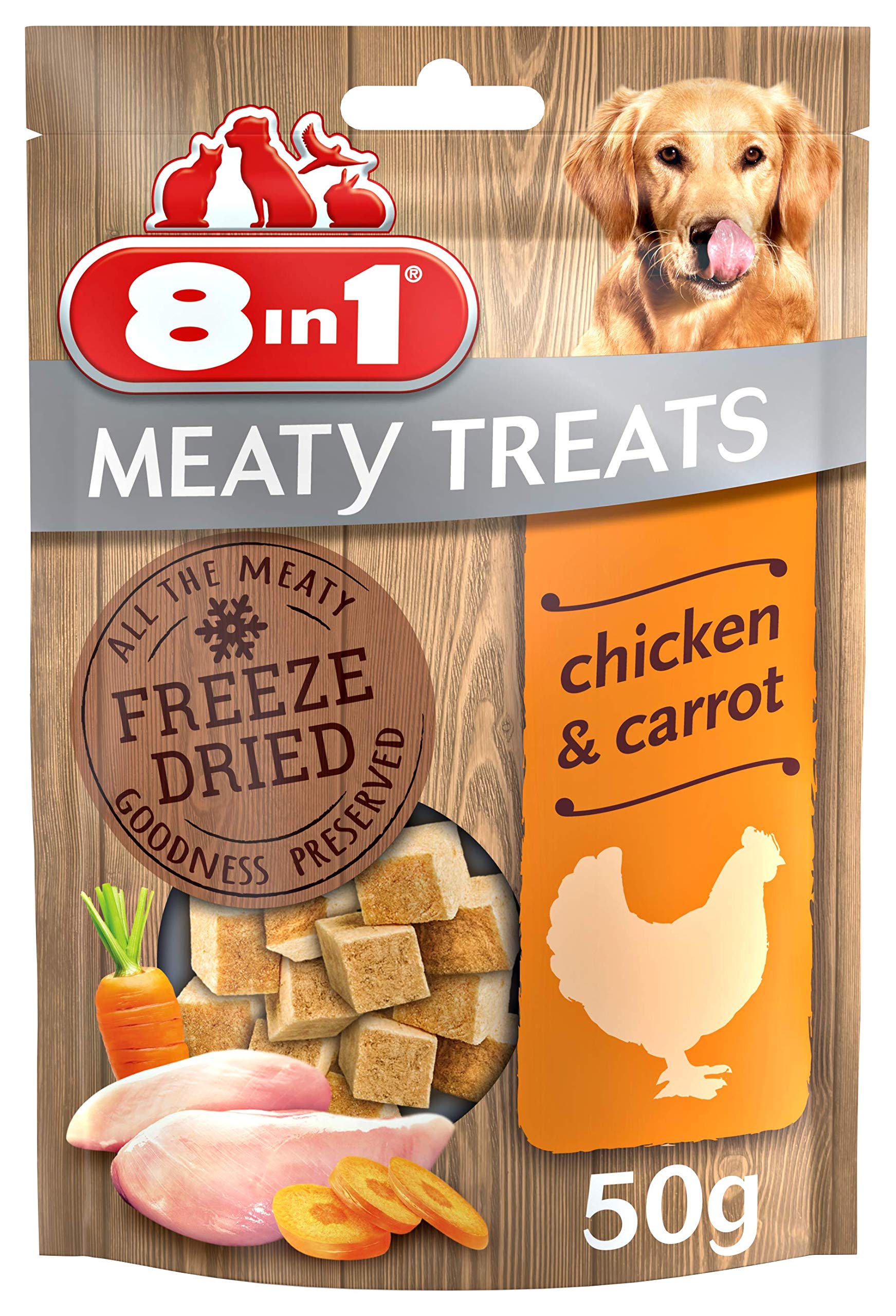 8in1 Meaty Treats, freeze dried snacks for dogs with chicken and carrot, grain free, no sugar, 50g