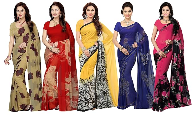 Combo of 5 Poly Georgette Multicolor Printed Women Saree