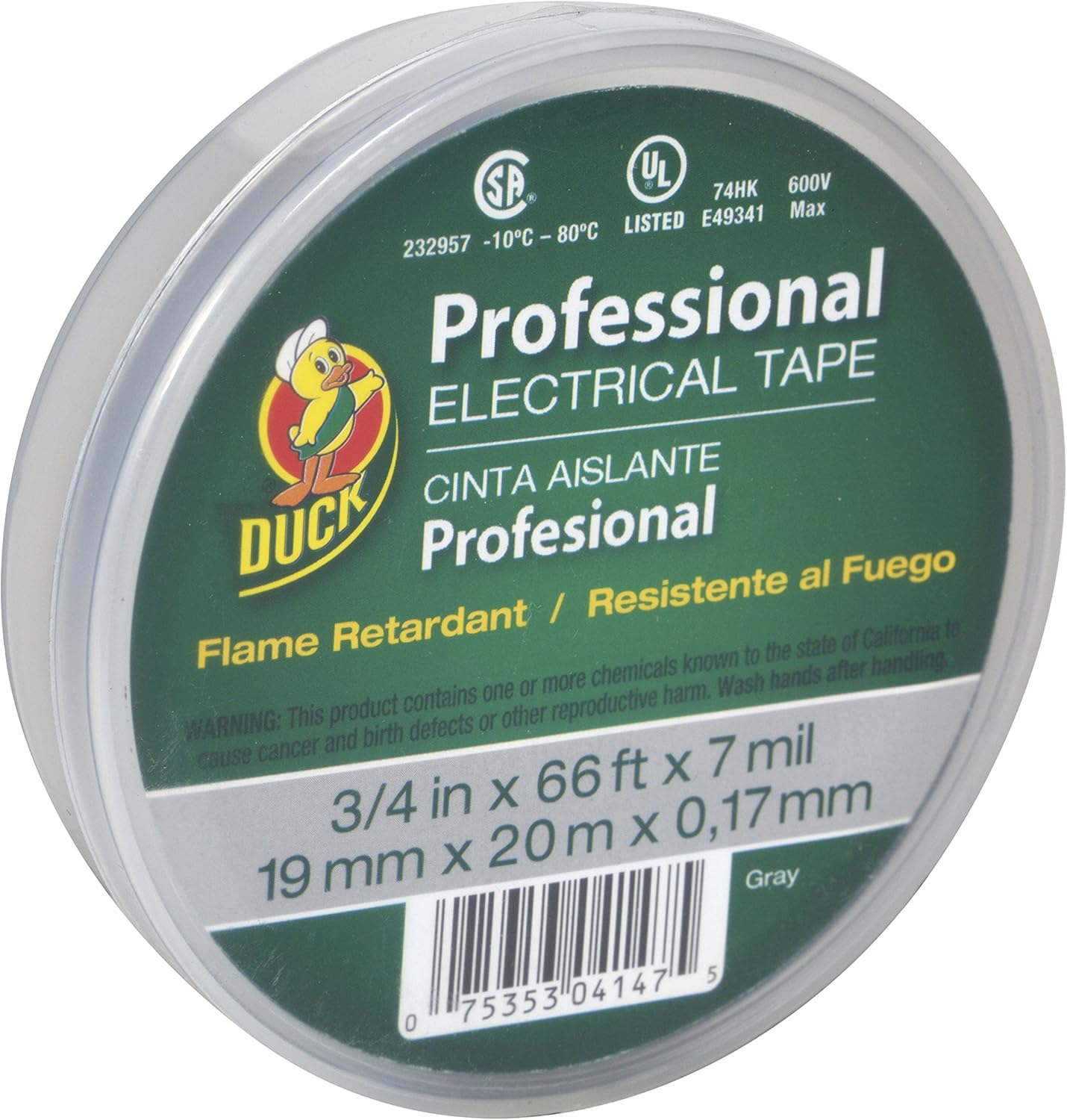Duck Brand 299018 Professional Grade Electrical Tape, 3/4-Inch by 66 Feet, Single Roll, Gray