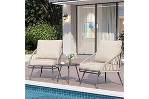 COMLAX FIELD 3 Piece Patio Bistro Set, Outdoor Apartment Balcony Furniture Sets, Woven Rope Chairs with Cushions and Coffee Table Set of 2 for Porch Backyard Lawn Poolside Deck, Beige