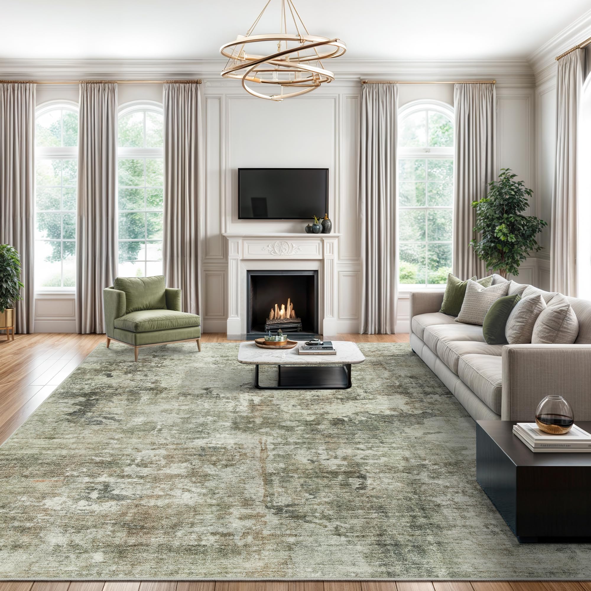 Photo 1 of Soalmost Area Rug 6x9 Abstract Living Room Washable Rugs Green Black Non Slip Low Pile Carpet for Bedroom Dining Room Foldable Thin