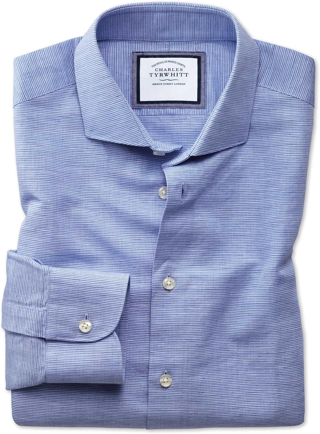 Slim Fit SemiSpread Collar Business Casual Linen Cotton Blue Dress