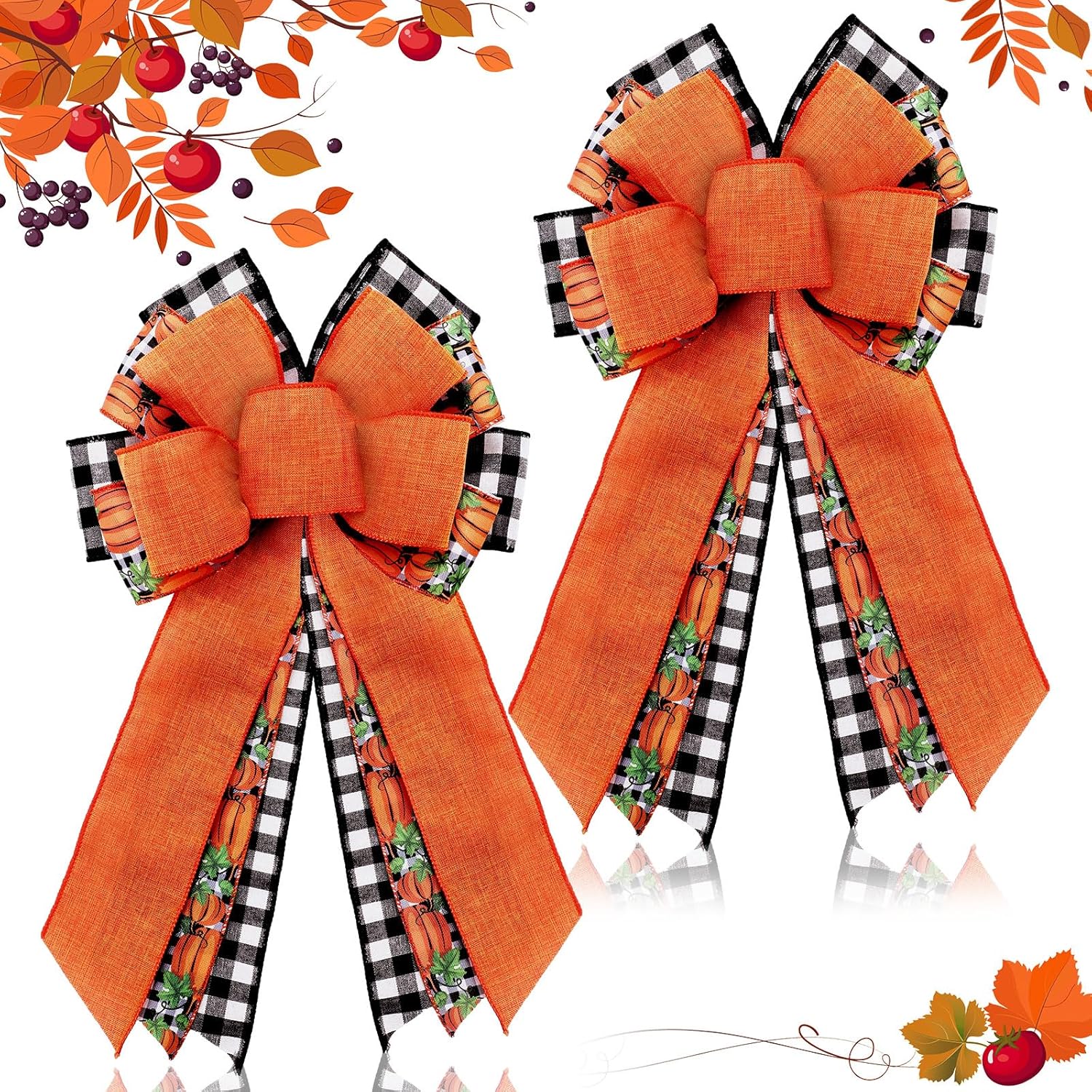 Bows & Ribbons - 2 Pcs Fall Bow Wreath Thanksgiving Wreath Burlap Bow Fall Orange Pumpkin Wreath Bow Decor Buffalo Plaid Bow Tree Topper for Indoor Outdoor Wall Party Decoration, 10 x 18 Inch (Retro Style)