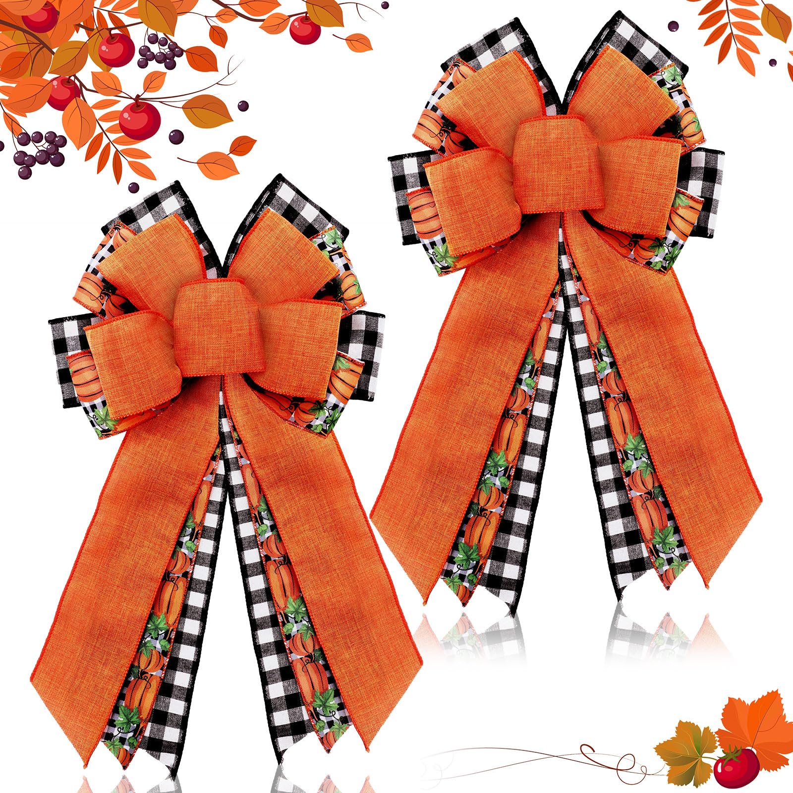 Photo 1 of Unittype 2 Pcs Fall Bow Wreath Thanksgiving Burlap Bow Fall Orange Pumpkin Wreath Decor Buffalo Plaid Tree Topper for Indoor Outdoor Wall Party Decoration, 10 x 18 Inch(Retro Style)