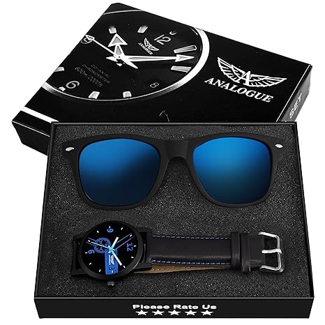 Mens Blue Dial Watch and Wayfarer Sunglasses Combo Set