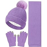 Wandx Kids Winter Hat Gloves Scarf Set Children Pompom Knit Beanie Warm Gloves with Thick Fleece for Boys Girls Ages 4-12