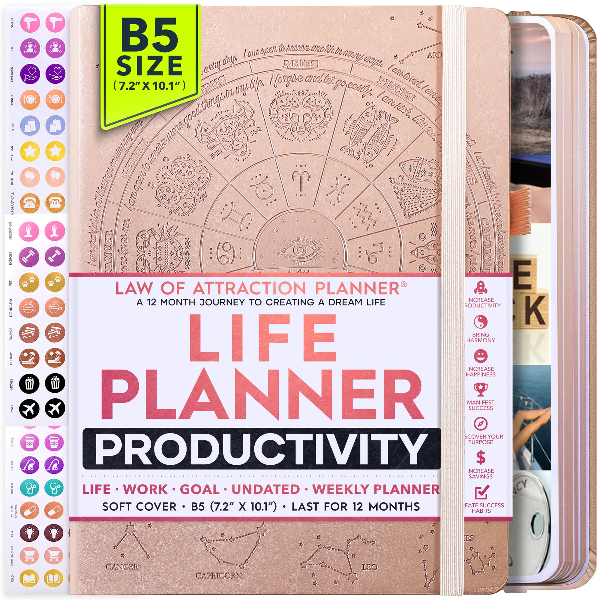 Photo 1 of Law of Attraction Planner – Undated Hourly, Weekly & Monthly Goal Setting Planner, 12-Month to Increase Productivity | Life & Gratitude Journal, Include Foldable Vision Board, Gift Box & Stickers