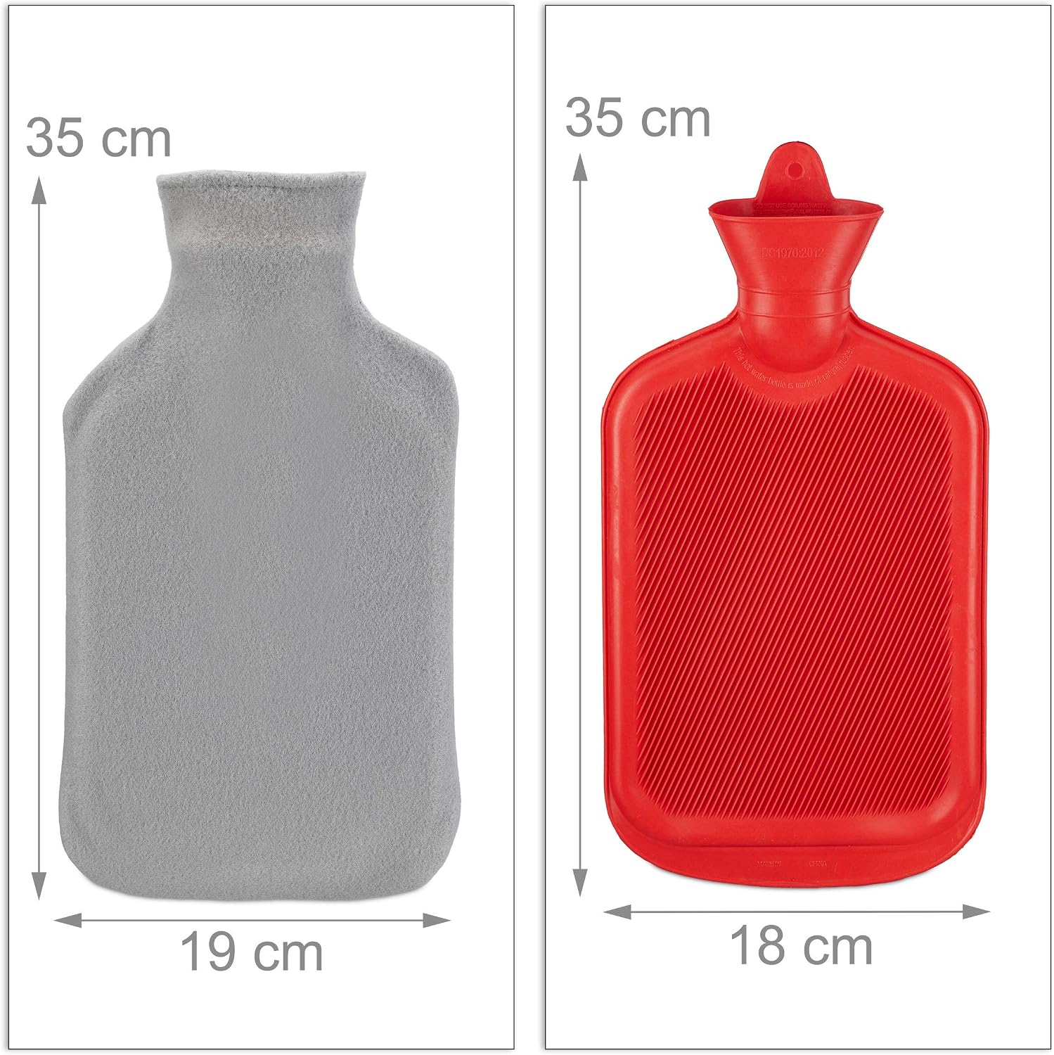 Relaxdays Hot Water Bottle with Fleece Cover, Durable, 1.5L Bed Warmer, Odourless Natural Rubber, 35x19x4.5 cm, Red/Grey - Image 5
