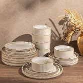 GBHOME Stoneware Dinnerware Sets for 6,18-Piece Plates and Bowls Set | Ribbed Reactive Glaze Ceramic Dish Set, Scratch Resistant, Dishwasher&amp;Microwave Safe,Cappuccino
