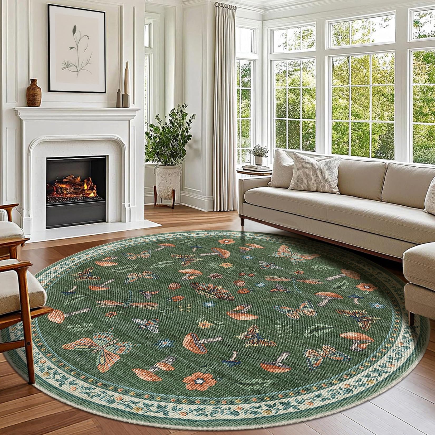 Photo 1 of Mushroom Insect 8ft Round Rug Washable Non-Slip Soft Ultra-Thin Large Boho Circle Carpet for Entryway Kitchen Bedroom Nursery Dining Room Green