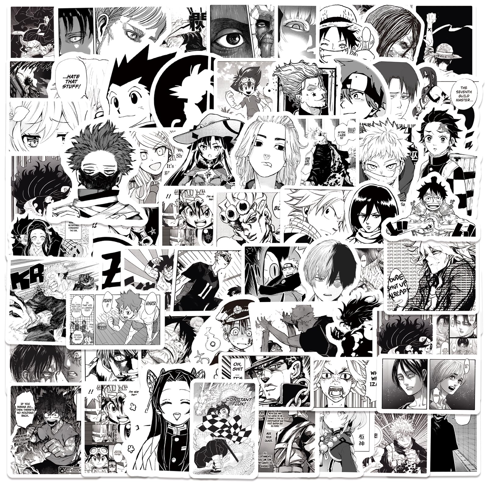 100pcs Japanese Black and White Cartoon Anime Characters Decals Movie Decorative Sticker for Kids Teens Waterproof Stickers for Water Bottle Laptop Luggage Helmet Skateboard Guitar