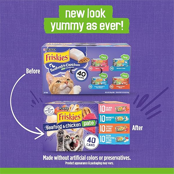 PURINA FRISKIES PATE WET CAT FOOD VARIETY PACK SEAFOOD AND CHICKEN PATE FAVORITES 40CT VP – (PACK OF 40) 5.5 OZ. CANS