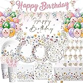 FVABO Wildflower Party Supplies, Floral Party Decorations Tableware, Plate, Napkins, Cup, Cutlery, Tablecloth, Backdrop, Banner, Spring Summer Flower Decorations For Birthday, Baby Shower, Serve 24
