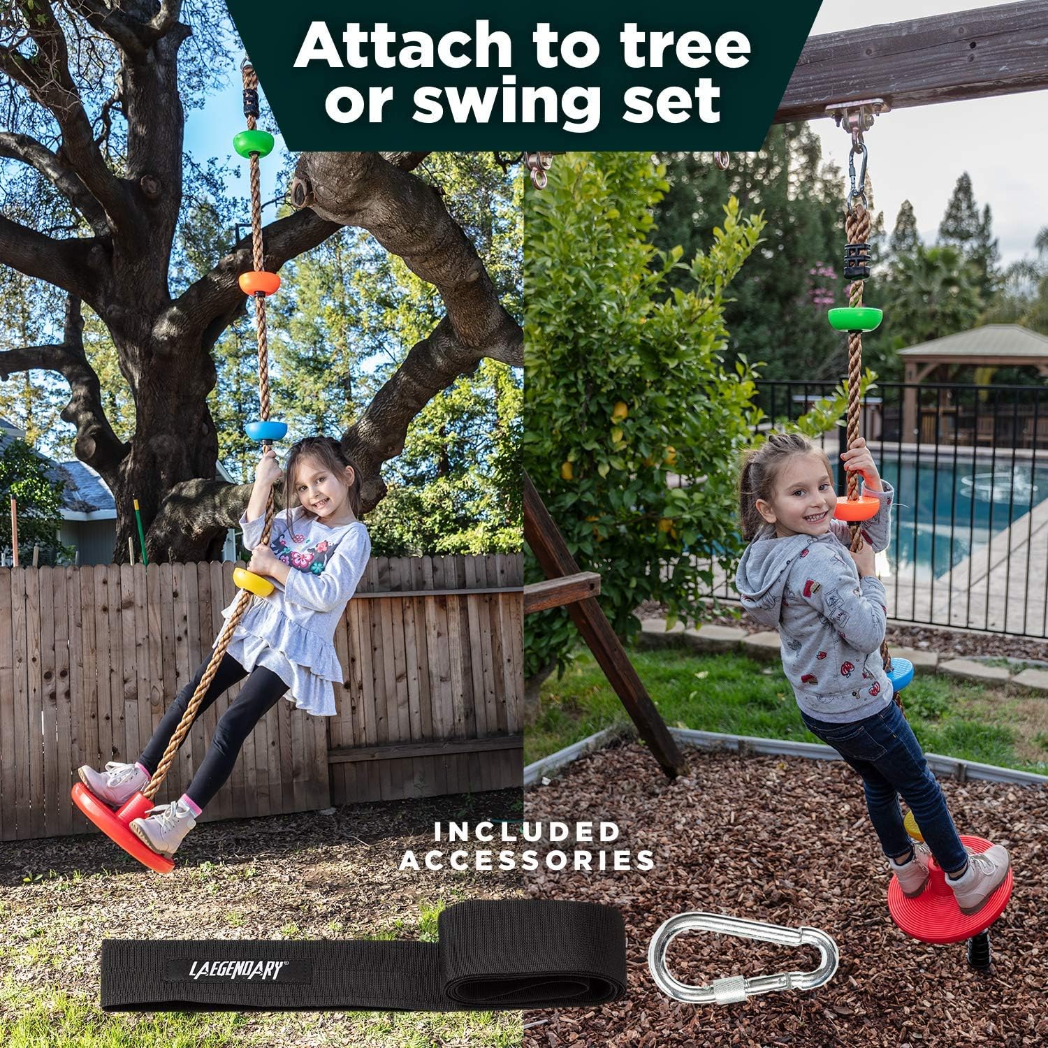 Climbing Rope Tree Swing with Platforms and Disc Swings Seat - Playground Swingset Accessories Outdoor for Kids - Trees House Tire Saucer Swing Outside Playset Toys - Carabiner and 4 Ft Tree Strap: Toys & Games