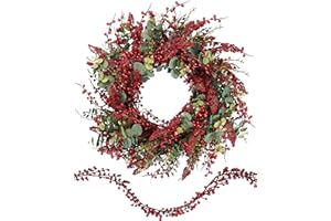 Chrisxiao 24 Inch Christmas Wreath, Artificial Christmas Wreaths for Front Door Decorated with Holly Berries, Hawthorn Berries Podocarpus for Indoor Outdoor Christmas Decorations