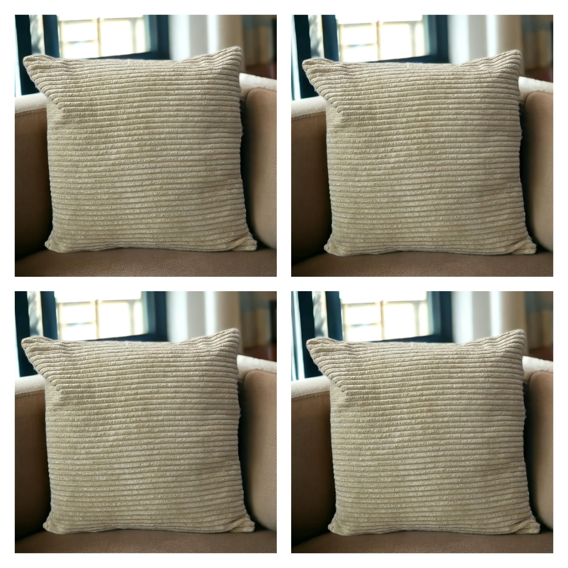 Seechoo Set of 4 - Corduroy Beige Sofa Cushion Covers 45 x 45 cm Decorative Pillows | Soft Ribbed Throw Pillow Covers for Sofa Cushions Couch Bed Living Room Home Decor 18x18