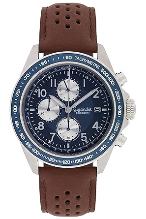 Gigandet Mens Quartz Watch Racetrack Chronograph Analog Stainless Steel Leather Strap Brown Blue G24-009