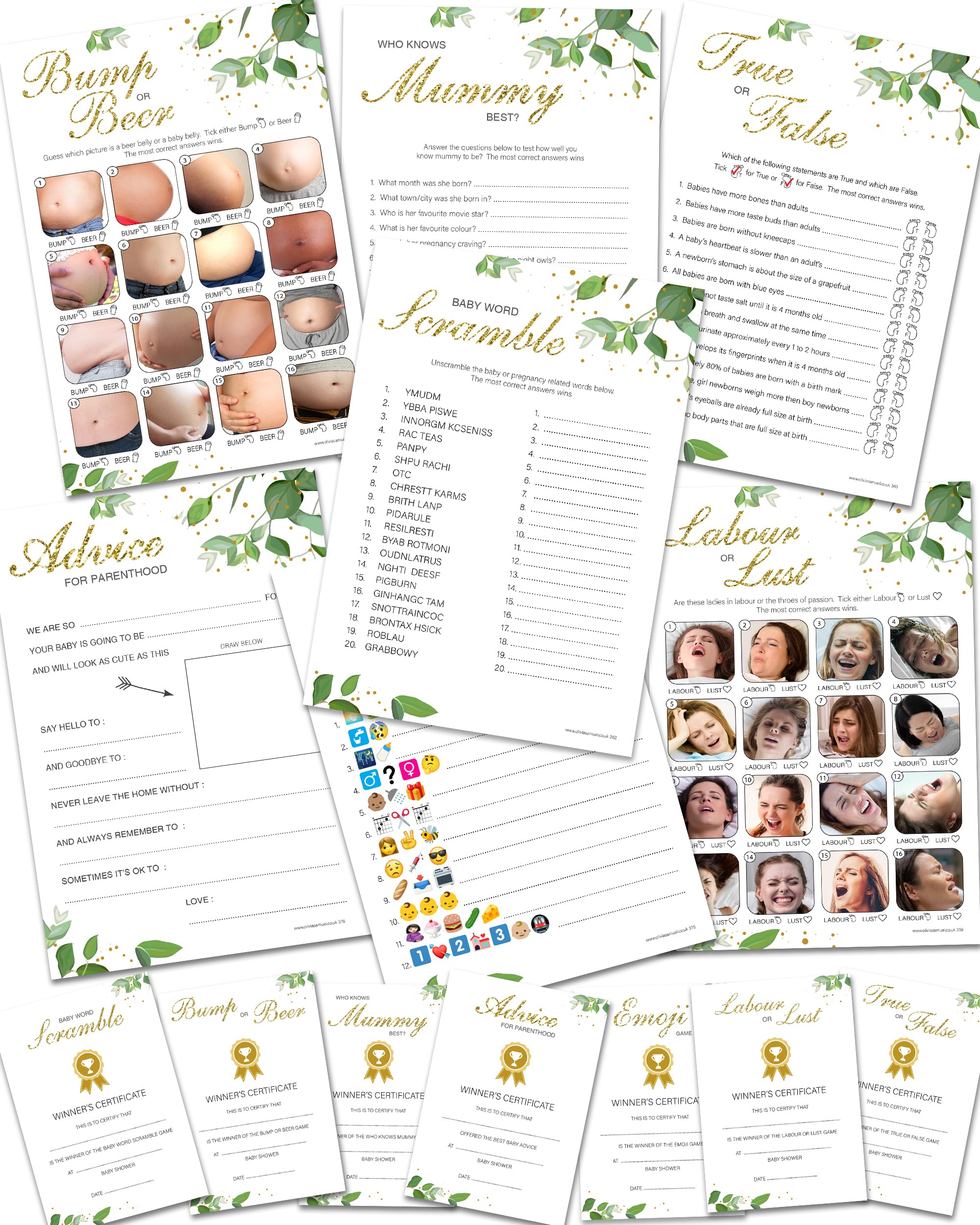Olivia Samuel Baby Shower Games - 7 Games in 1 Mega Bundle. 10 Player Pack Botanicals Design with Winner's Certificates
