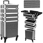 CHUANGJIN Professional Rolling Makeup Case with Wheels, 5-in-1 Makeup Train Case, Cosmetic Makeup Trolley Cart Travel Cosmetology Case On Wheels with Key for Hairstylists, Nail Tech(Black Crystal)