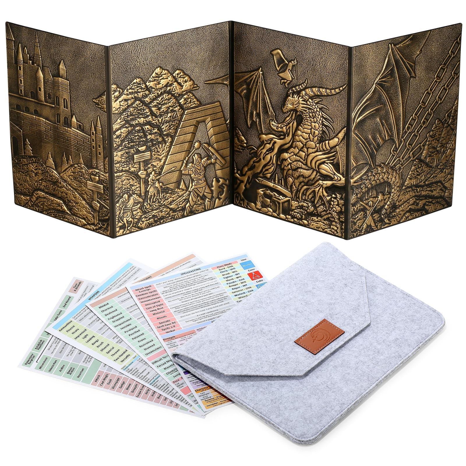 DND Dungeons Master Screen, DNDND Faux Leather 3D Embossed Four-Panel with Pockets for DND Dungeons and Dragon Tabletop Game (Brass)