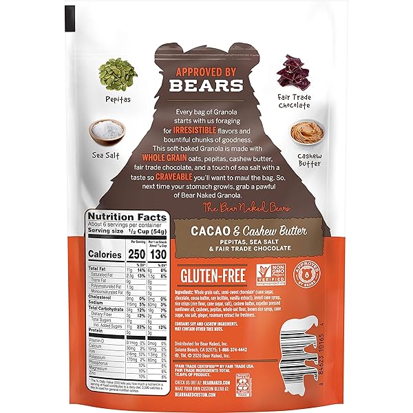 BEAR NAKED GRANOLA CEREAL, WHOLE GRAIN GRANOLA, BREAKFAST SNACKS, CACAO AND CASHEW BUTTER CRUNCH, 11OZ BAG (1 BAG)