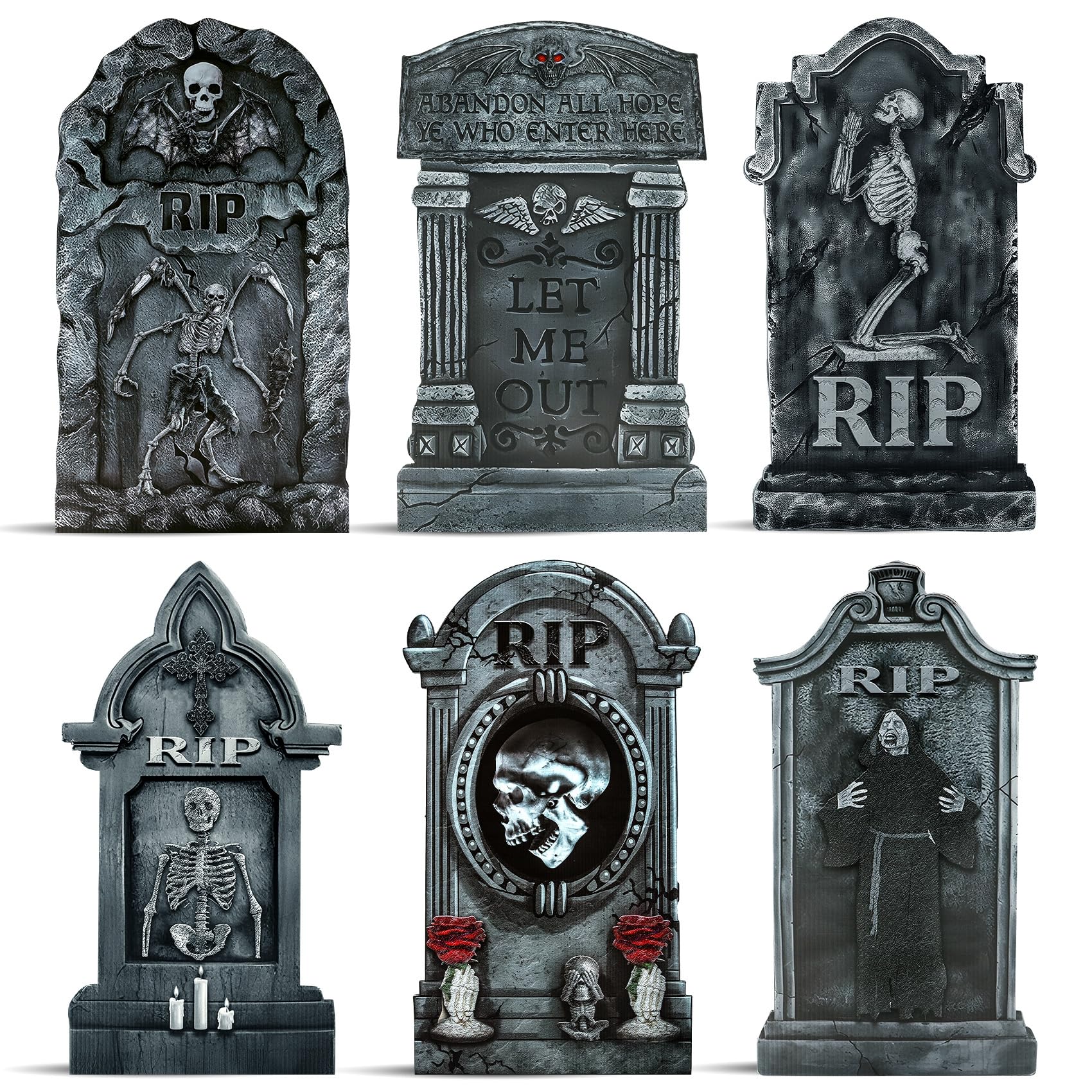 Photo 1 of Roberly 6 PCS Graveyard Decorations for Halloween, 17" Tombstones Halloween Decor Headstones Yard Stakes Scary RIP Skeleton Cemetery Signs for Outdoor Garden Lawn Yard Haunted House Home Party