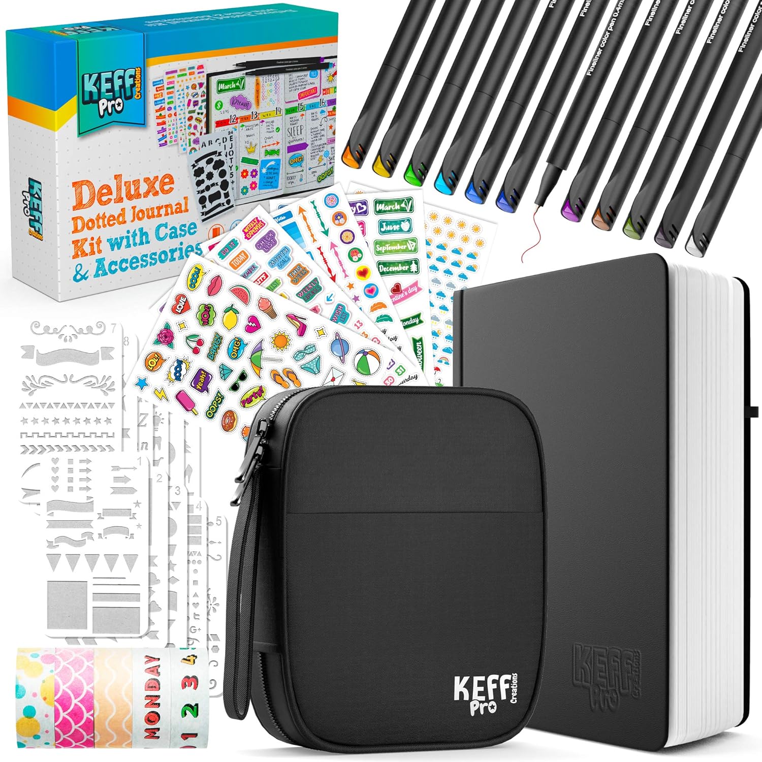 Keff Creation Dotted Journal Kit, Journaling Kit with All Dotted Journal Supplies-Journal case no-Bleed Dotted Notebook, Fineline Colored pens, Stencils, Stickers, washi Tape for Diary Schedule Plan : Office Products