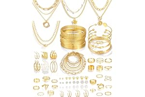 17 MILE 78 Pieces Gold Jewelry Set for Women, 9 Necklace, 24 Bracelet, 22 Earrings, 23 Knuckle Rings Gold Plated Jewerly set for Women Gift
