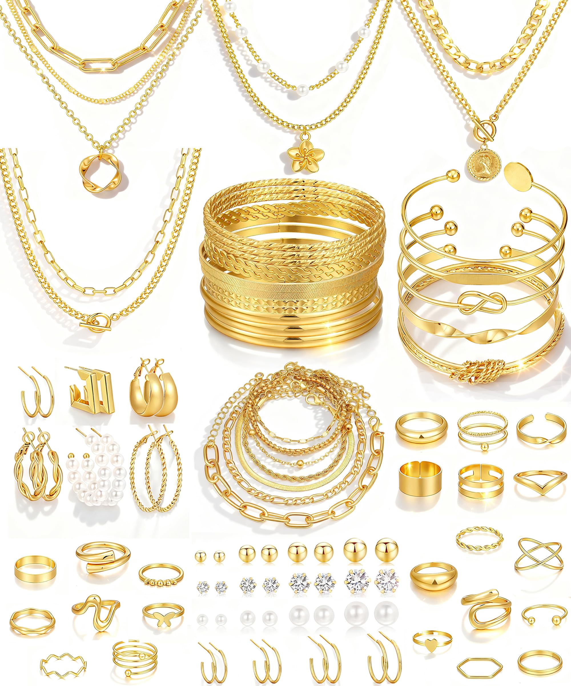 17 MILE 78 Pieces Gold Jewelry Set for Women, 9 Necklace, 24 Bracelet, 22 Earrings, 23 Knuckle Rings Gold Plated Jewerly set for Women Gift