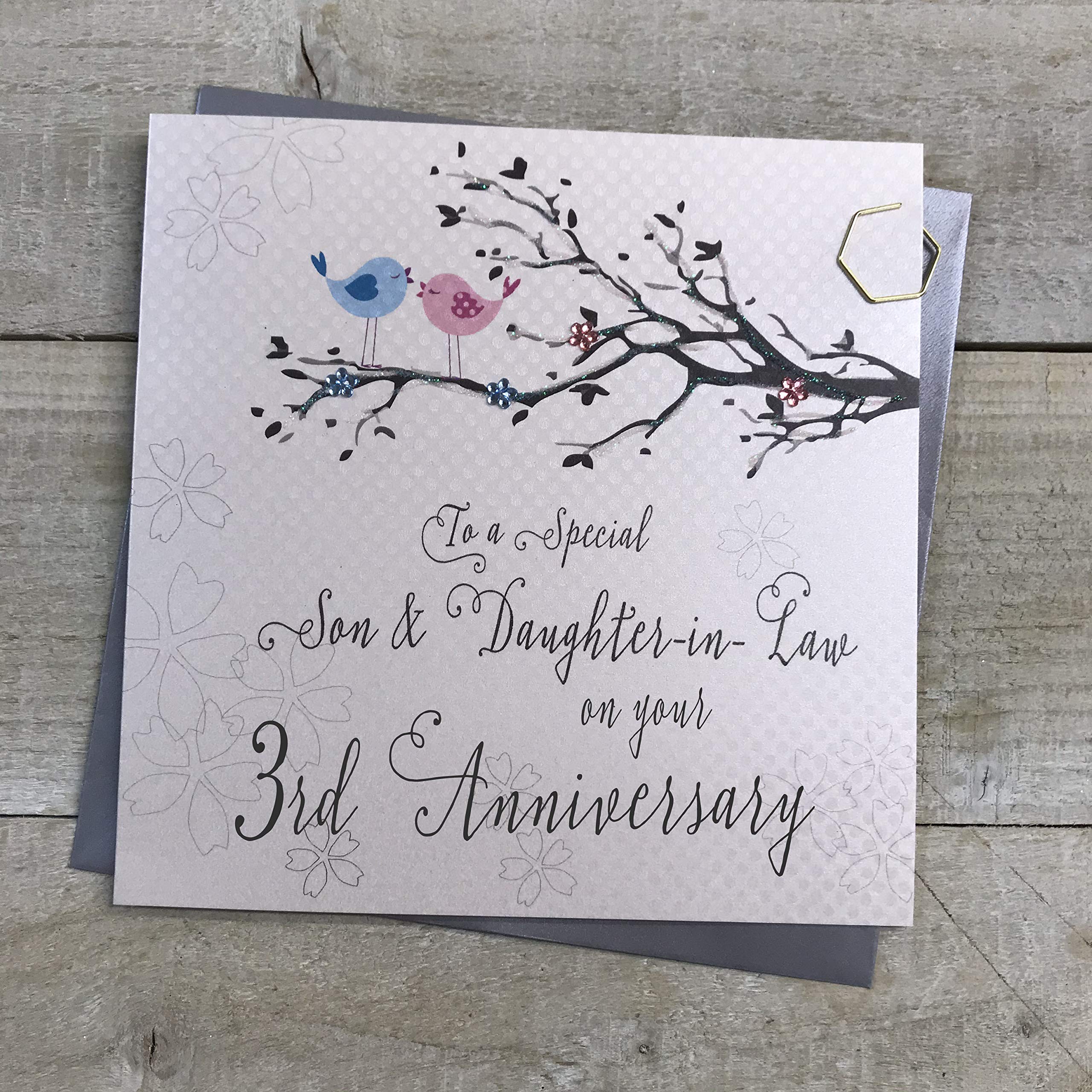 White Cotton Cards Son & Daughter-in-Law 3rd Wedding Anniversary Card Third Leather Birds and Tree branch PD192-3, 16cm x 16cm
