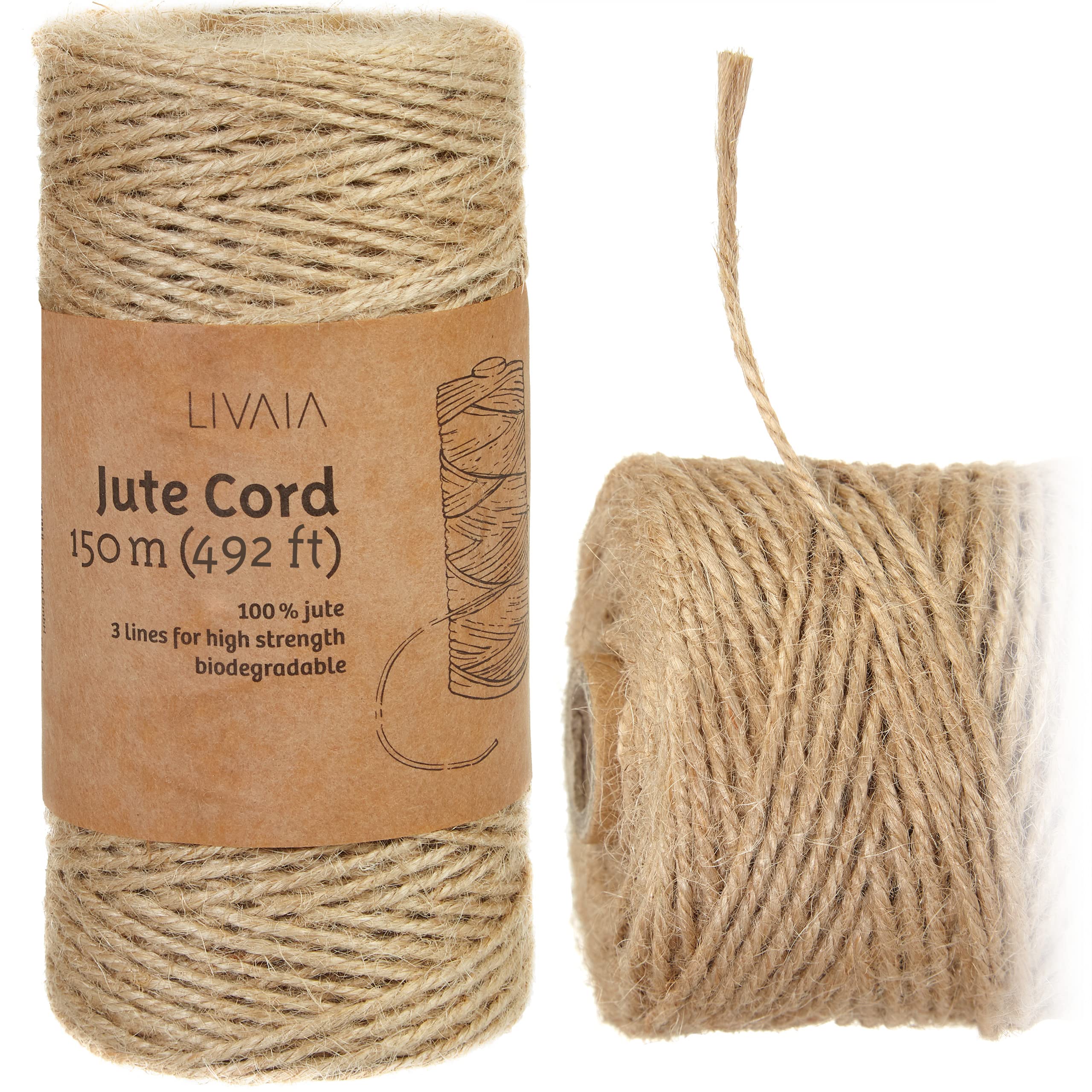 LIVAIA Jute String: XL 500ft Natural 2mm Twine - Garden, Craft, Rustic Brown String for Crafting