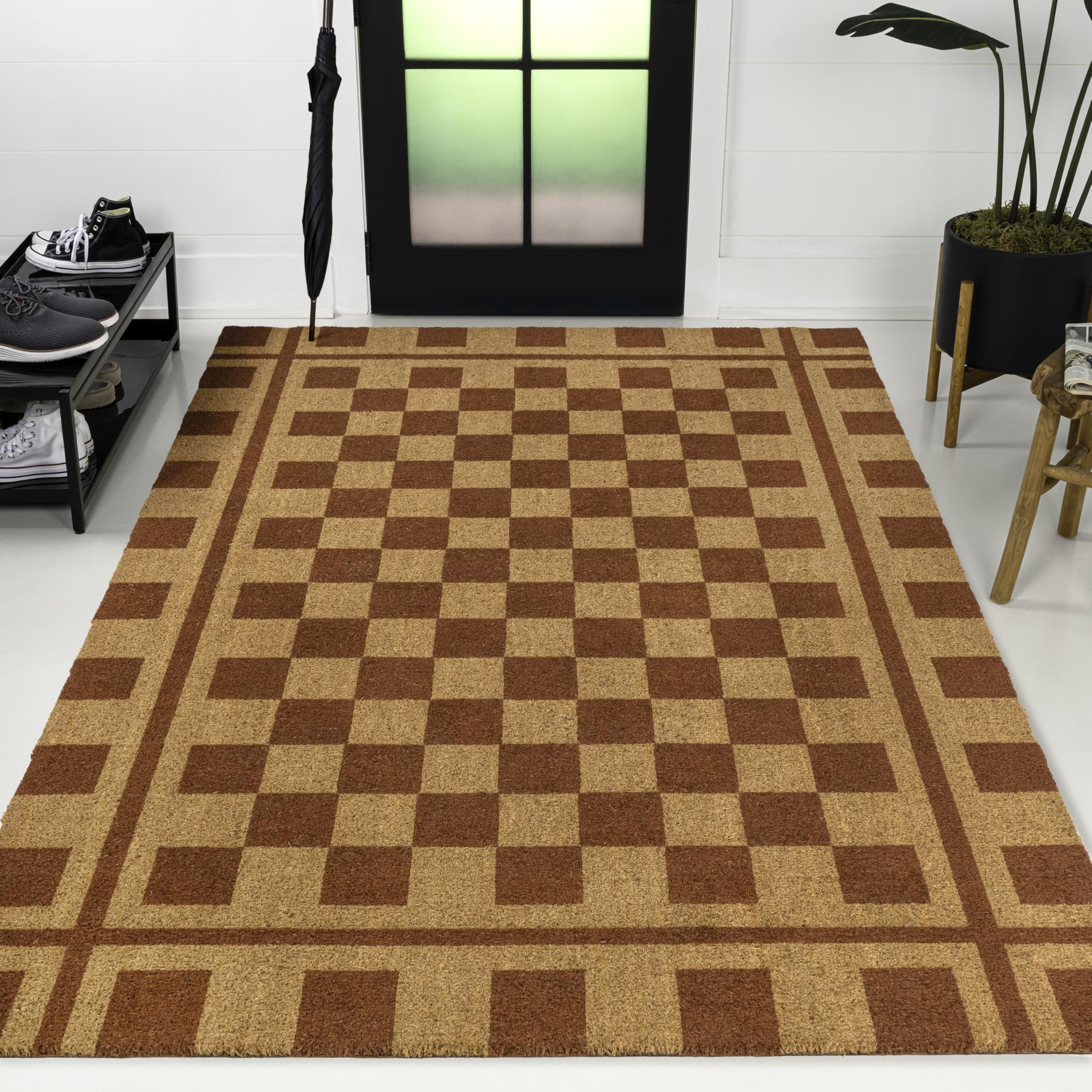 JONATHAN Y Checkerboard Coir Indoor Outdoor Doormat 3X5 Natural/Red, Harper Classic Farmhouse for Living Room, Bedroom, Kitchen, Easy-Cleaning, High Traffic, Pet-Friendly, Non-Shedding NRF109A-3
