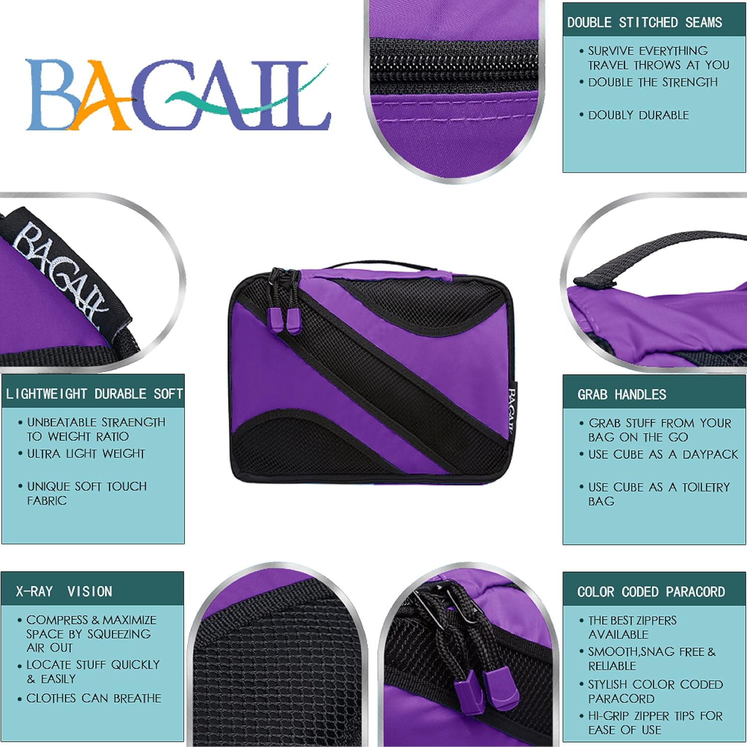  | Bagail 6 Set Packing Cubes, 3 Various Sizes Travel Luggage Packing Organizers(Purple) | Packing Organizers