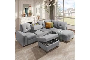 P PURLOVE Sectional Sofa with Reversible Chaise Lounge, L-Shaped Sofa with Storage Ottoman and Cup Holders, Nail Head Detail, Sectional Couches Living Room Furniture Sets (Light Gray)