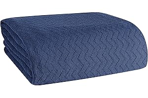 ELVANA HOME BELIZZI HOME 100% Cotton Bed Blanket, Breathable Thermal Blanket Twin Size, Soft Chevron 60''x90'', Perfect for Layering Any All Season, Navy Blue