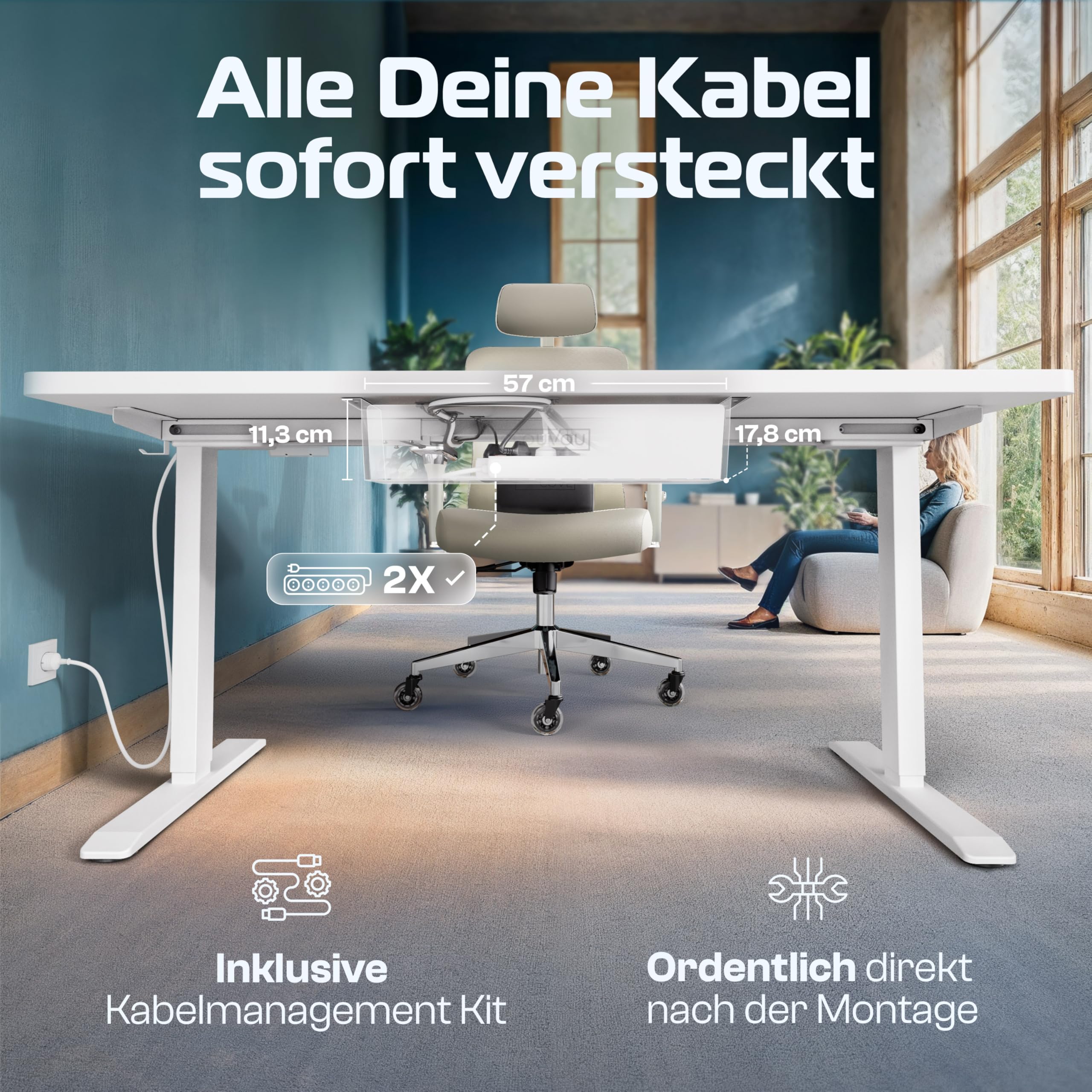 CLOUVOU ProDesk Höhenverstellbarer Schreibtisch elektrisch 160x80cm [TESTSIEGER] Dual-Motor Schreibtisch höhenverstellbar elektrisch | Elektrischer Schreibtisch mit Memory, 2X USB & Kabelversteck 5