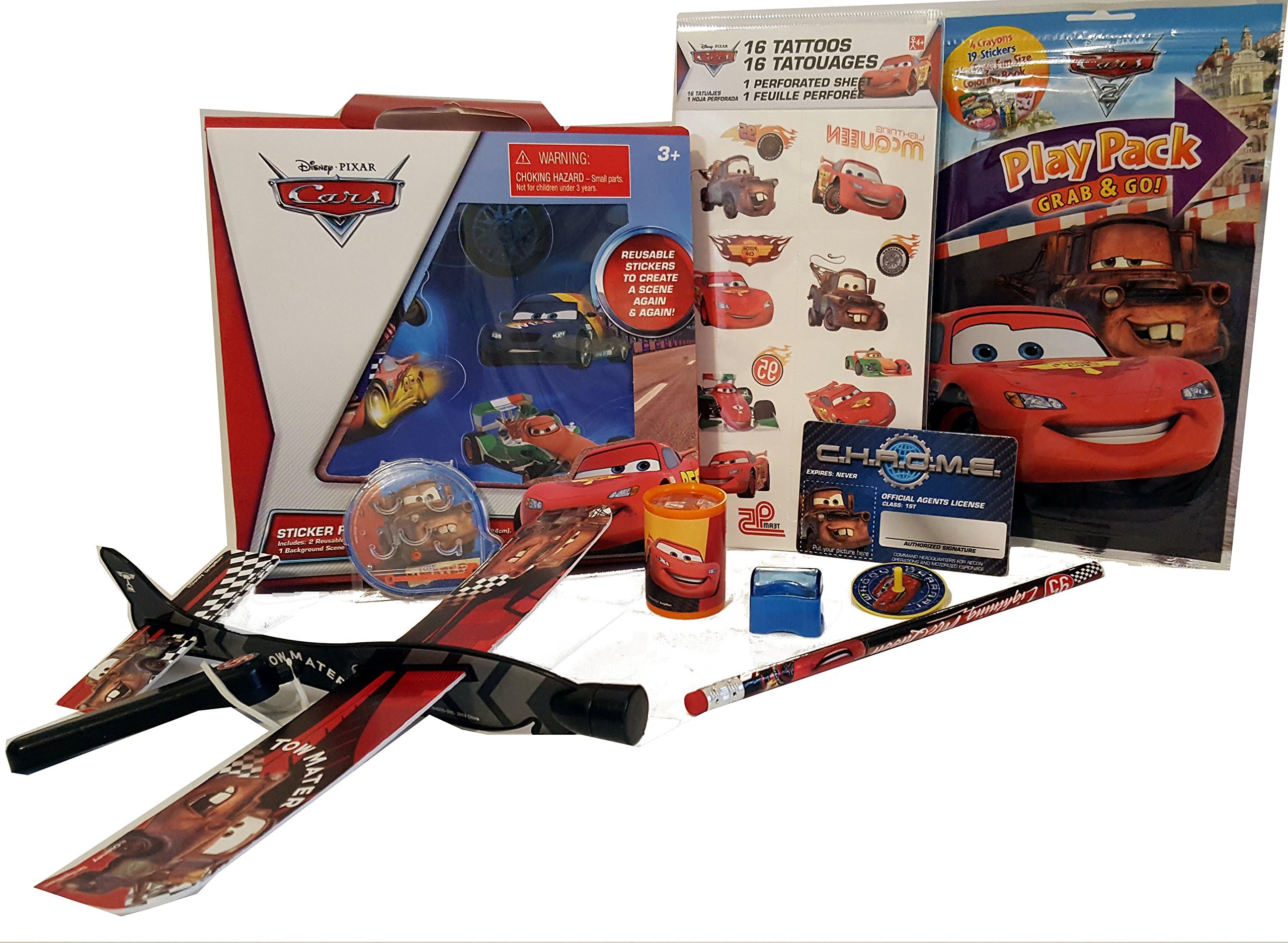 Disney CARS Activity Bundle Disney Pixar Play Pack Pencil Sharpener Stickers Tattoos Toys & More 10 pc Travel Stocking Stuffers Birthday Christmas