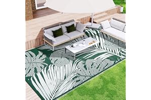 WondRg Outdoor Waterproof Patio Rug 5x8 Plastic Straw Reversible Lightweight Outdoor Area Carpet for Camping RV Picnic Backyard Deck Balcony Porch Beach, Green & White Leaf
