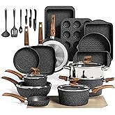 MAISON ARTS 30 Piece Pots and Pans Set Non Stick, Kitchen Cookware & Bakeware Sets with Nonstick Granite Coating, Baking Tray, Frying Pan and Saucepan, Black