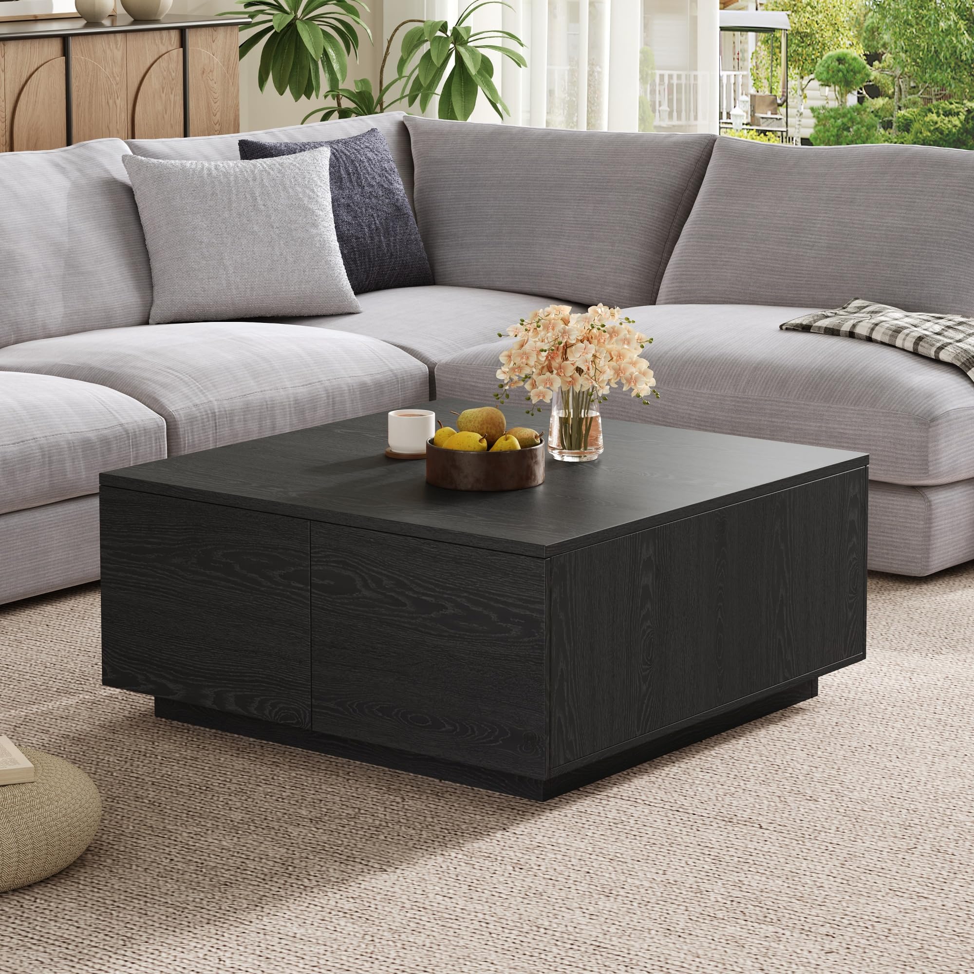 Photo 1 of ***Loose Hardware In Box*** Merax Modern Square Coffee Table with 4 Hidden Storage Drawers, 33.25" Wood Center Tables for Living Room, Minimalist Design, Easy Assembly, Black