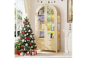 LVSOMT 71" Tall Arched Storage Cabinet with Glass Doors and Drawers, Curio Display Cabinet with Adjustable RGB Light & Human Sensor, 4-Tier China Cabinet for Living Room(Wood)