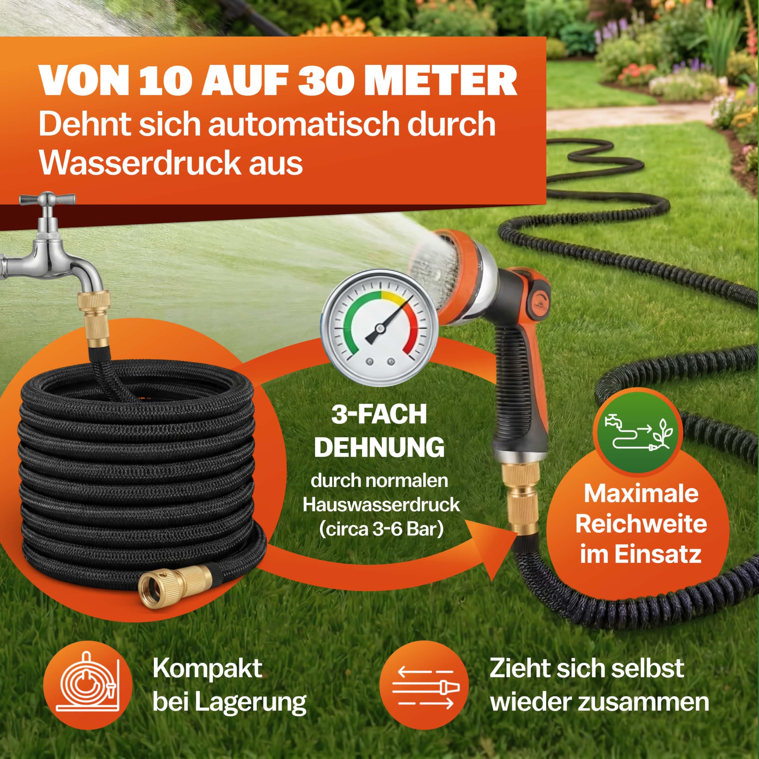 GARDEBRUK® Flexibler Gartenschlauch 30m 3fach Latexkern Vollmessing Adapter 1/2' 3/4' Zoll Wandhalterung Tasche Flexschlauch Wasserschlauch Schwarz 5