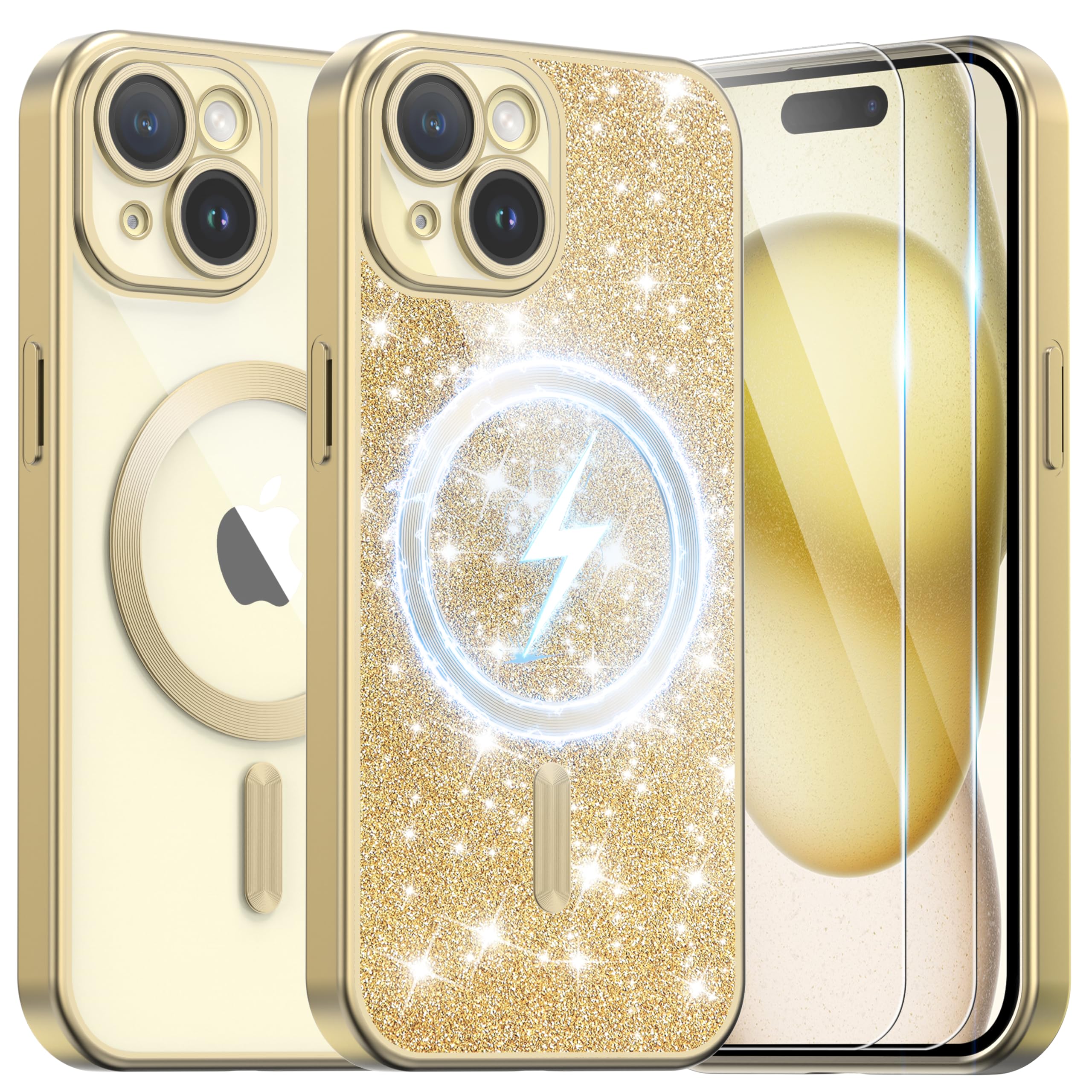 Ethanger for iPhone 15 Case with 2 Screen Protector Compatible with MagSafe, Magnetic Cover Shockproof Frosted Bumper with Glitter Card and Wrist Strap for Women Girls, Titanium Gold