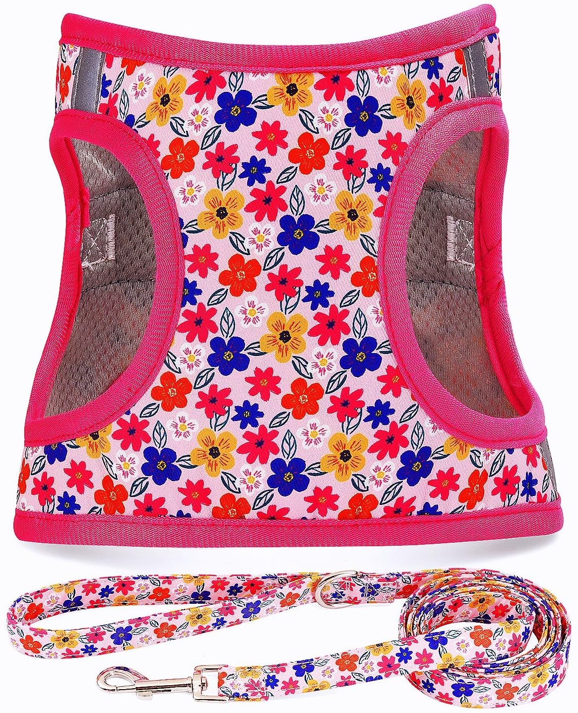Moonpet Step in Air Dog Harness Leash Set- All Weather Reflective No-Pull Floral Pattern Padded Mesh Vest Harness for Cats Puppy Extra-Small Small Medium Large Dogs - Romantic Sakura XXS