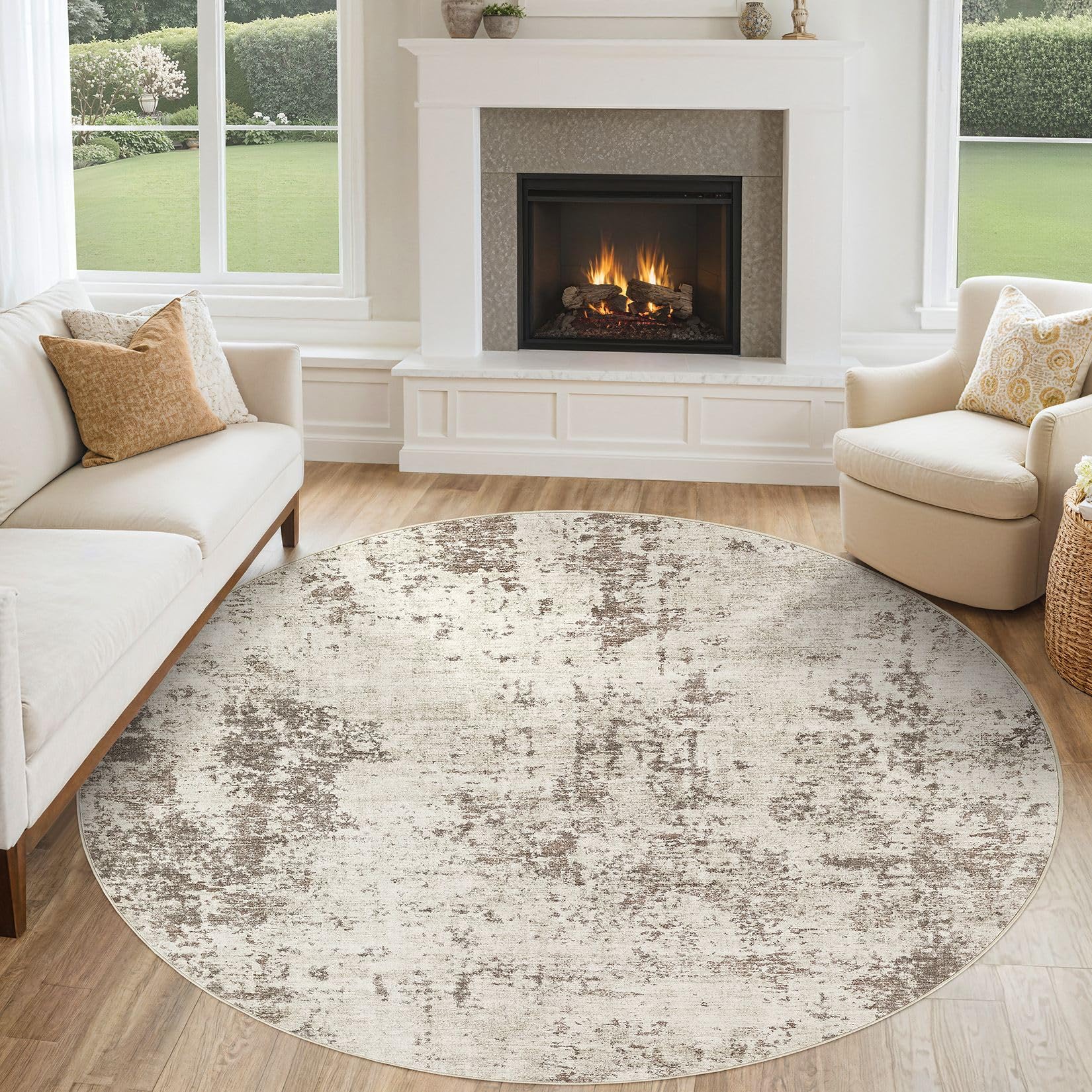 Photo 1 of UERMEI 6ft Round Area Rug Living Room Rugs - 6x6 Washable Neutral Modern Abstract Soft Thin Rug Indoor Floor No Slip Rug Carpet for Bedroom Under Dining Table Home Office Decor - Dark Brown