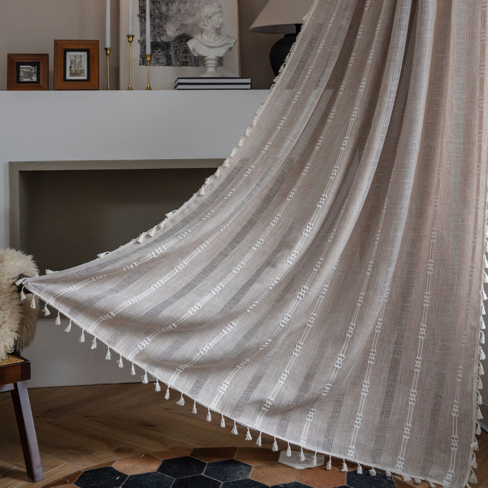 USTIDE Boho Curtains for Bedroom & Living Room - 84" Long Semi-Blackout Farmhouse Embroidery Curtains - 1 Panel Set - Soft Window Drapes with Bohemian Tassel, 55" W x 84" L, Coffee — image 1