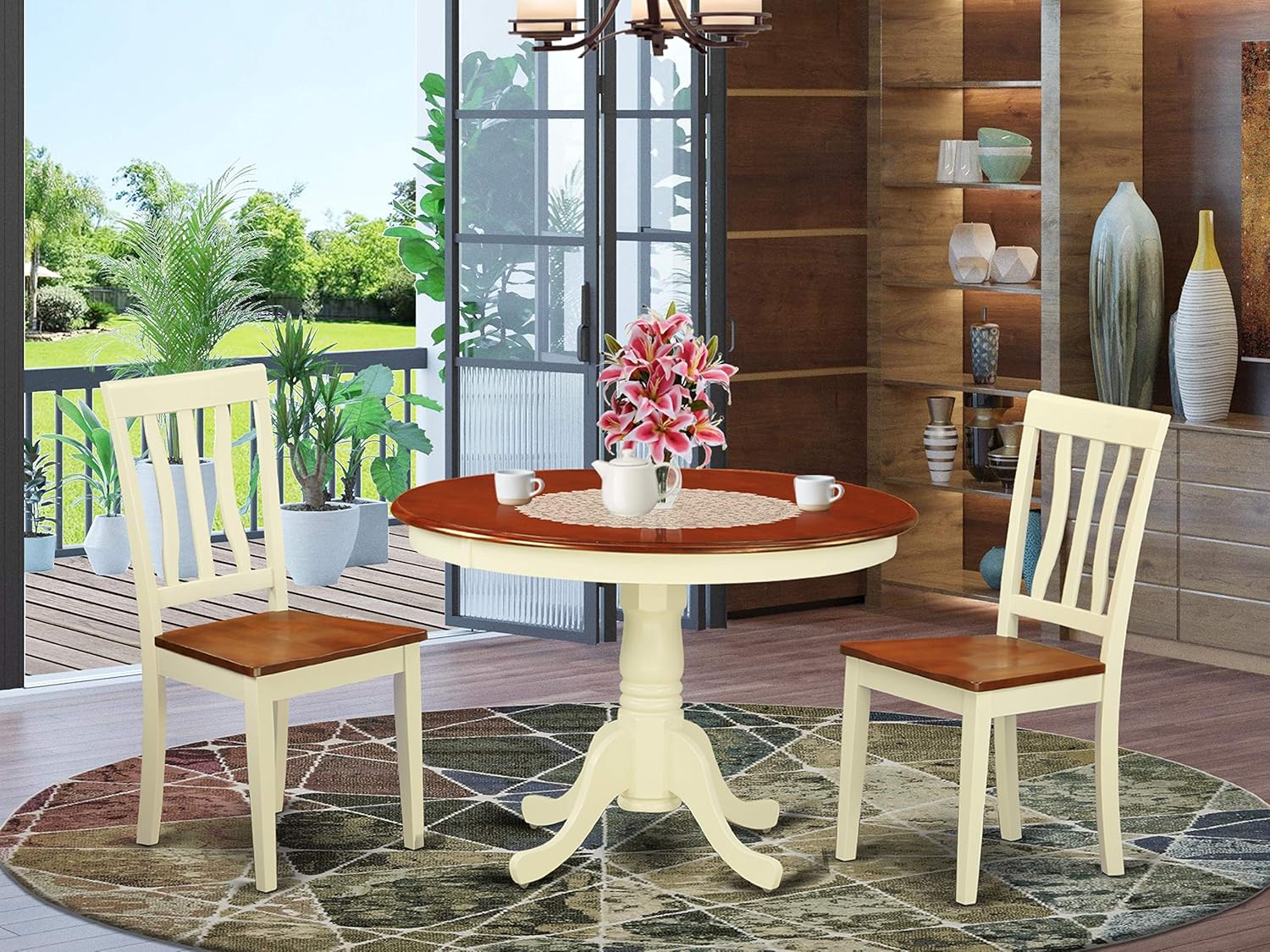 East West Furniture 3-Piece Dining Room Table Set Included a Round Table and 2 Wood Kitchen Chairs - Cherry Solid Wood Dining Chairs Seat & Slatted Back - Buttermilk Finish