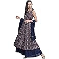 Janasya Indian Women's Navy Blue Anarkali Kurta Kurti Top Tunic Festive Party wear Kurta with Palazzo and Dupatta for Women